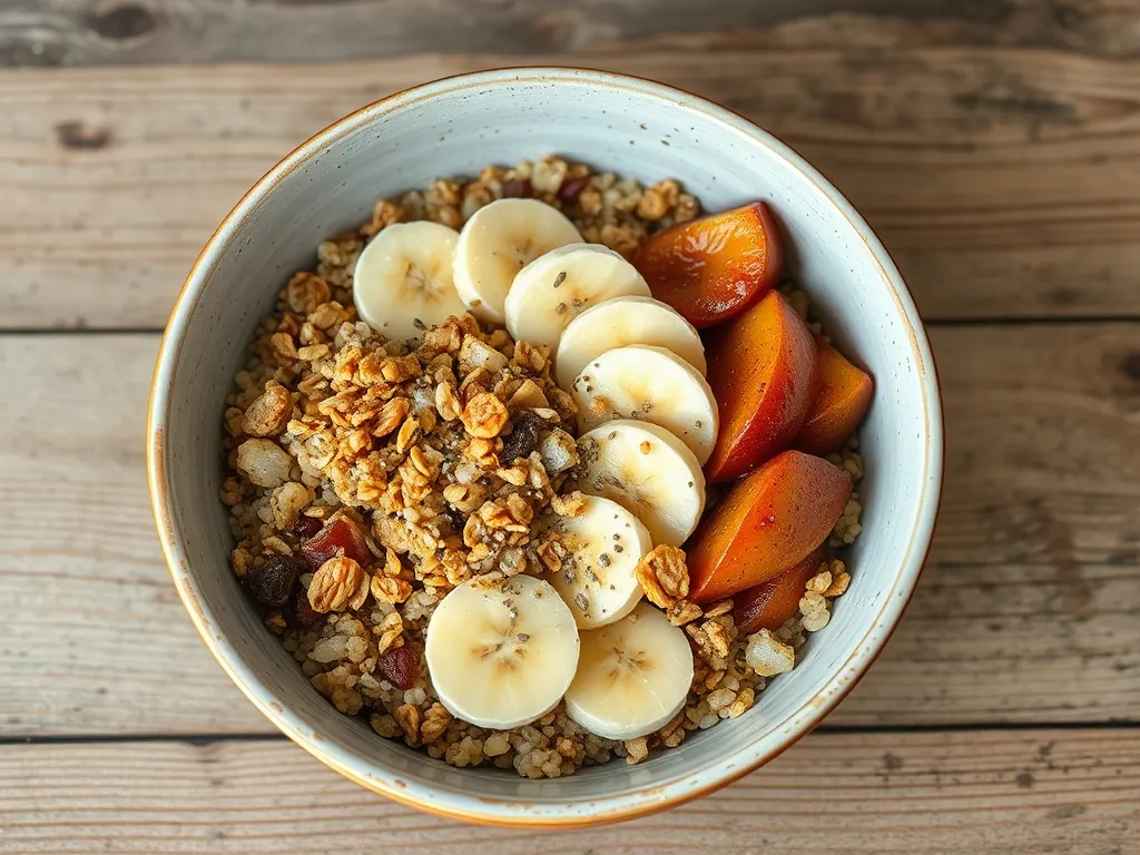 Healthy quinoa breakfast bowl with sliced bananas and fruits