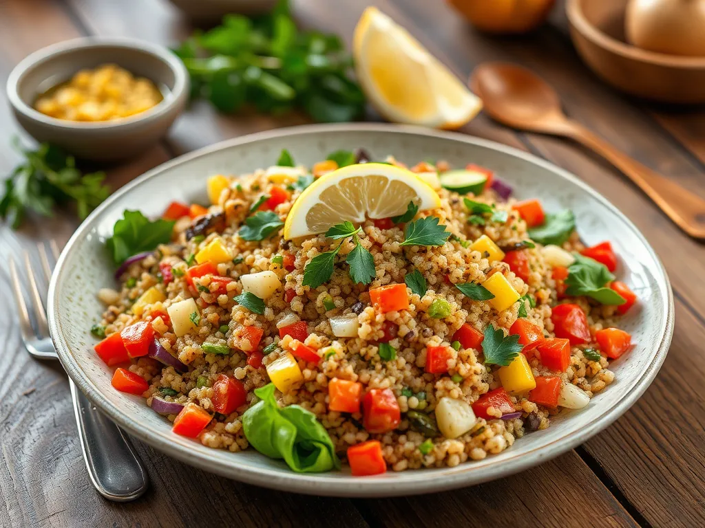 Colorful quinoa salad with spring vegetables and lemon