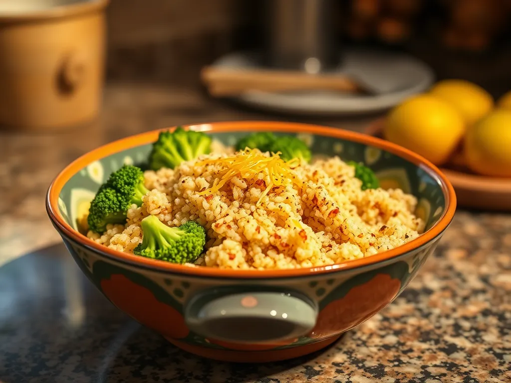 Healthy quinoa and broccoli dish cooked in one bowl, perfect for a no-drain meal.