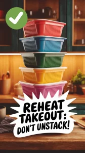 Stacked takeout containers for reheating food without unstacking
