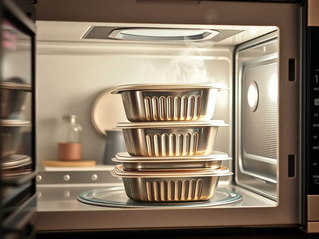 Layered takeout containers being reheated in a microwave without unstacking.