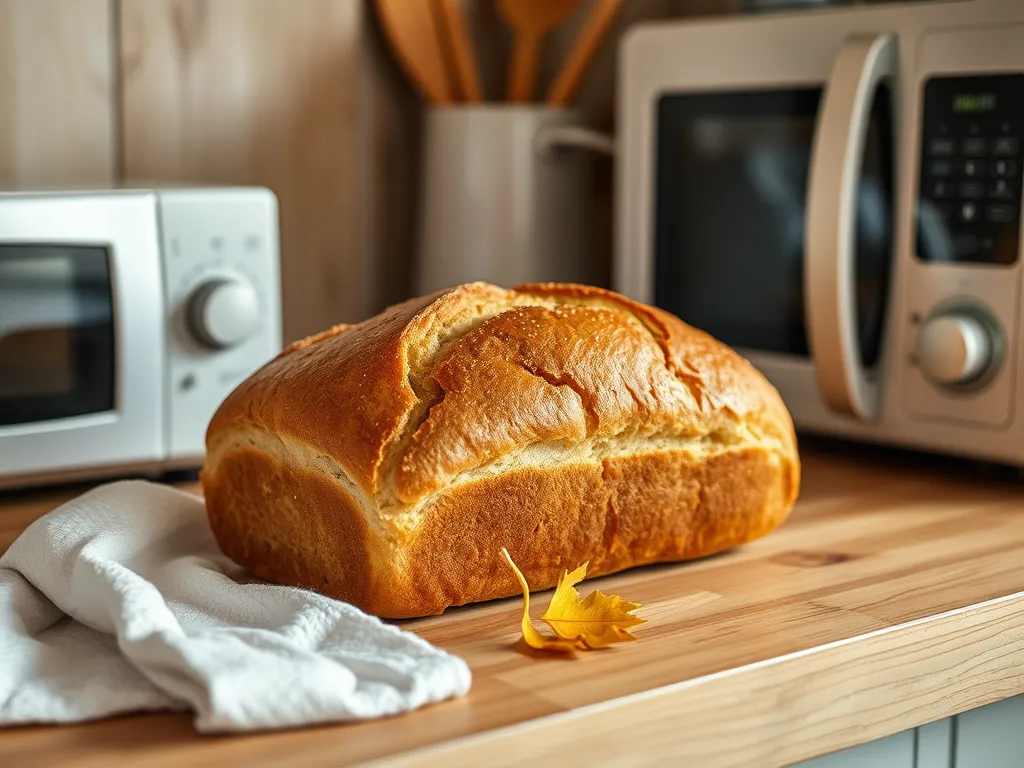 Freshly baked bread next to a microwave, demonstrating how to revive stale bread in 30 seconds with a wet paper towel.