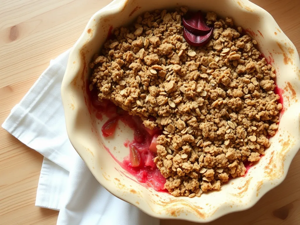 Microwave-baked rhubarb crumble with a golden oat topping