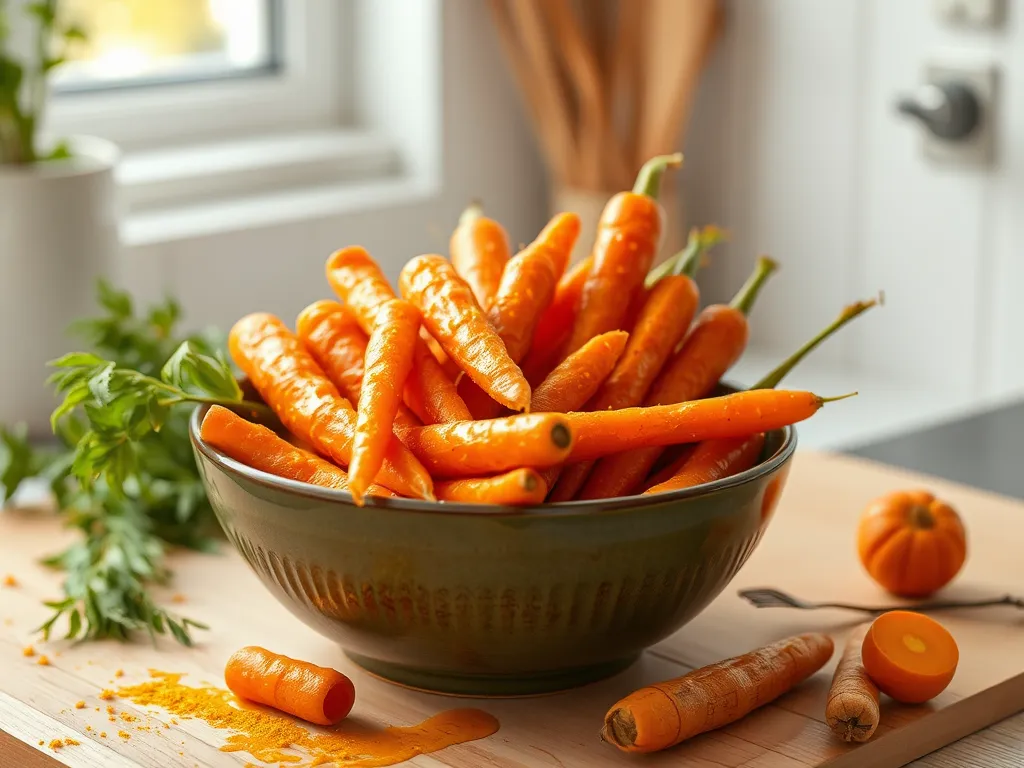 Bowl of roasted turmeric carrots, perfect for a healthy microwave-crisped recipe.