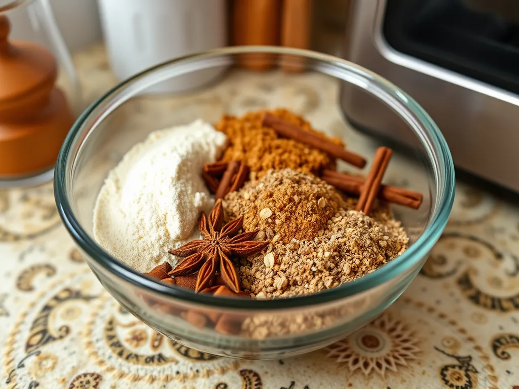 Ingredients for Rum Punch spice mix including spices and sugar in a glass bowl.