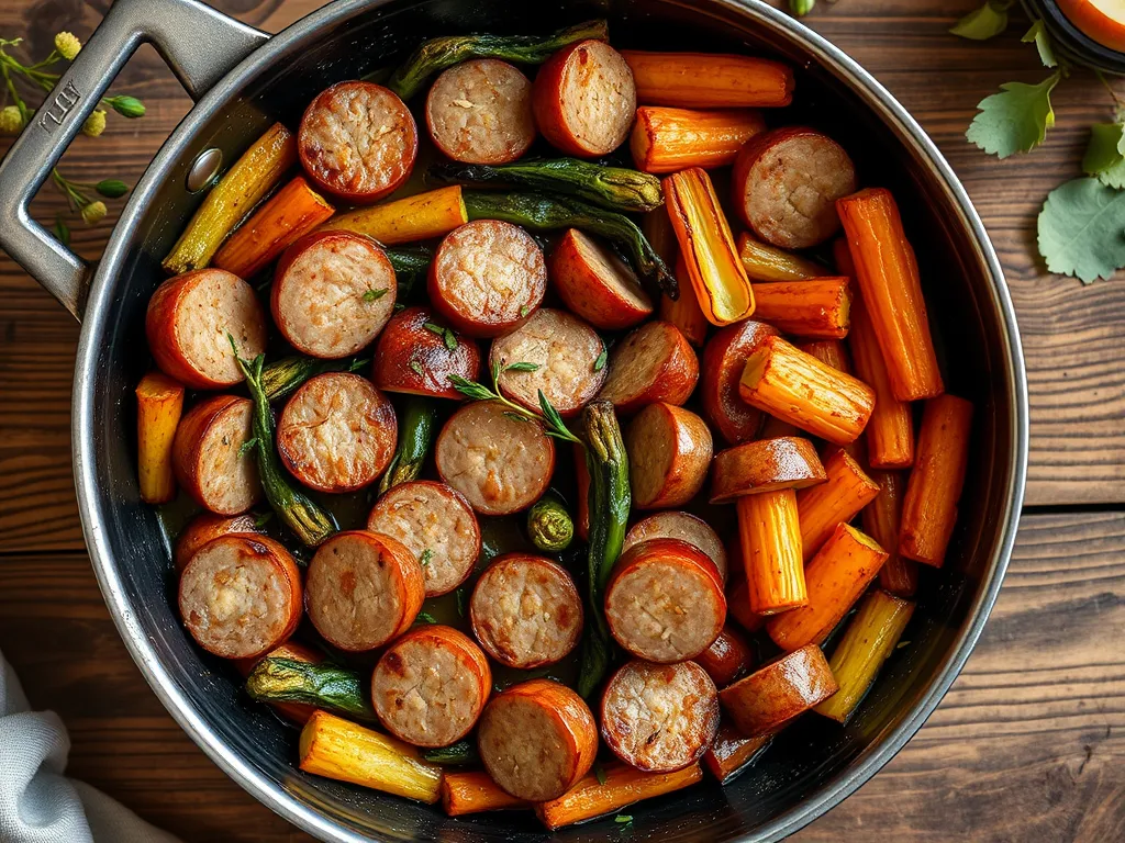 Delicious sausage skillet with summer vegetables prepared using microwave option.