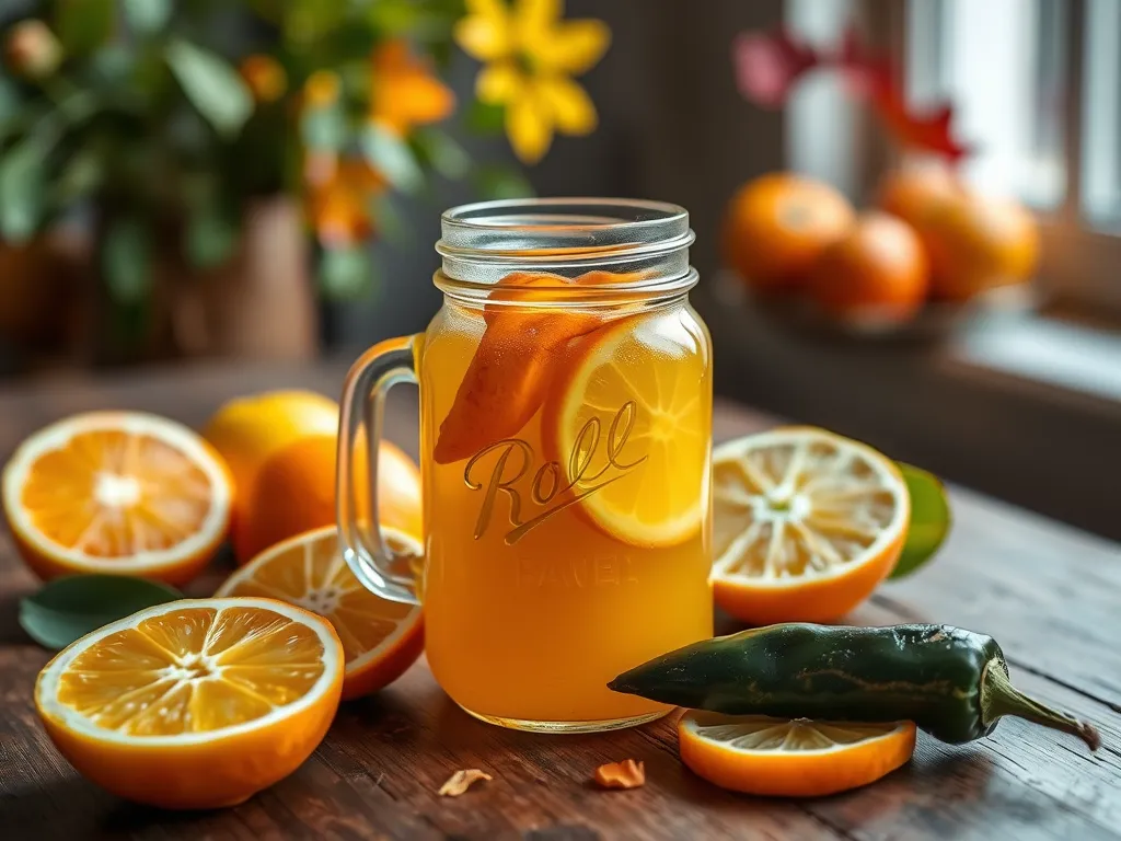 Glass jar with Spicy Margarita Mix made from citrus syrup and jalapeños, surrounded by fresh oranges.