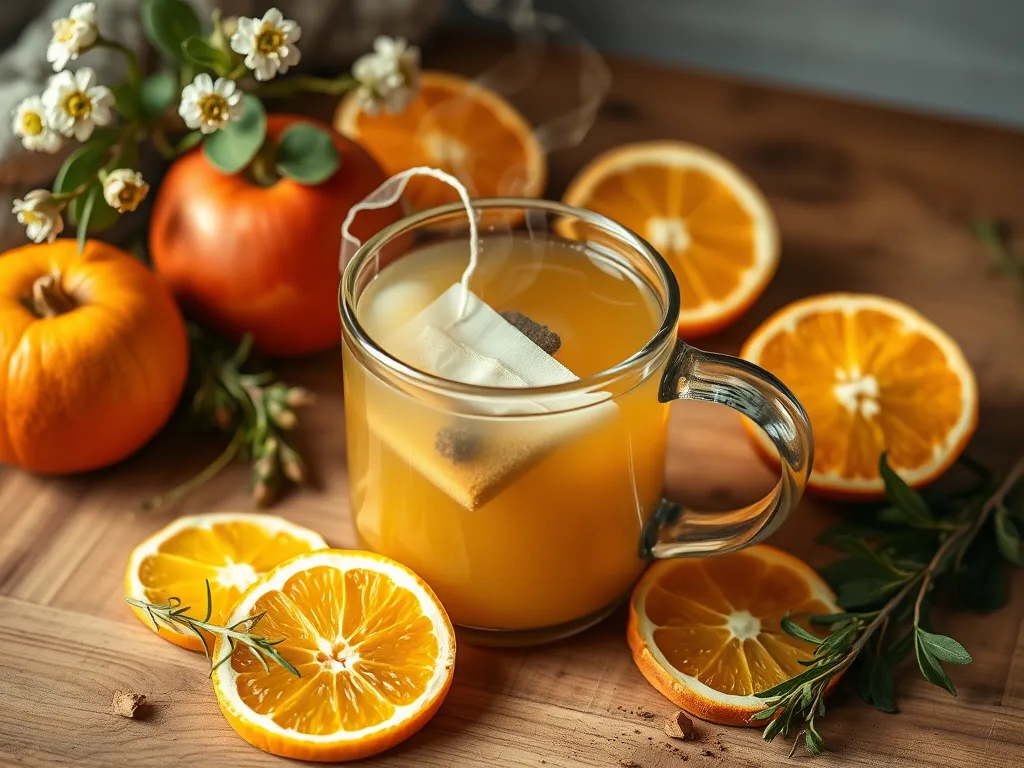 A glass of spiked iced tea made with microwave steeping, surrounded by fresh oranges and herbs.