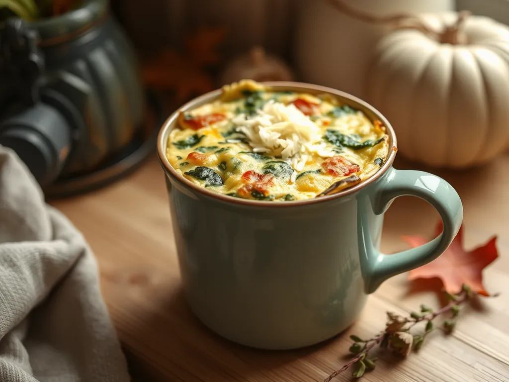 A delicious spinach cheese frittata in a mug, perfect for microwave cooking.