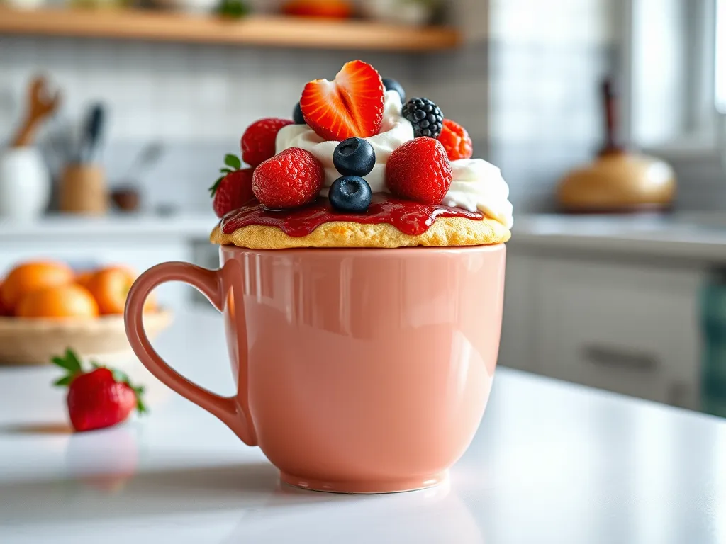 Delicious Strawberry Shortcake served in a pink mug with fresh berries and whipped cream.