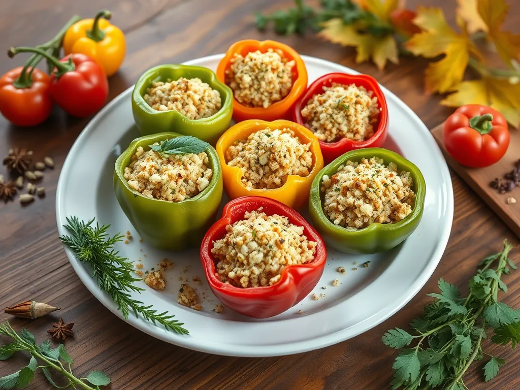 Colorful stuffed rainbow peppers baked in a microwave with a flavorful filling.