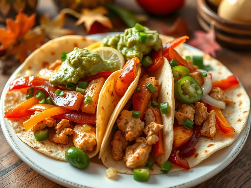Delicious summer chicken fajitas with colorful vegetables and guacamole
