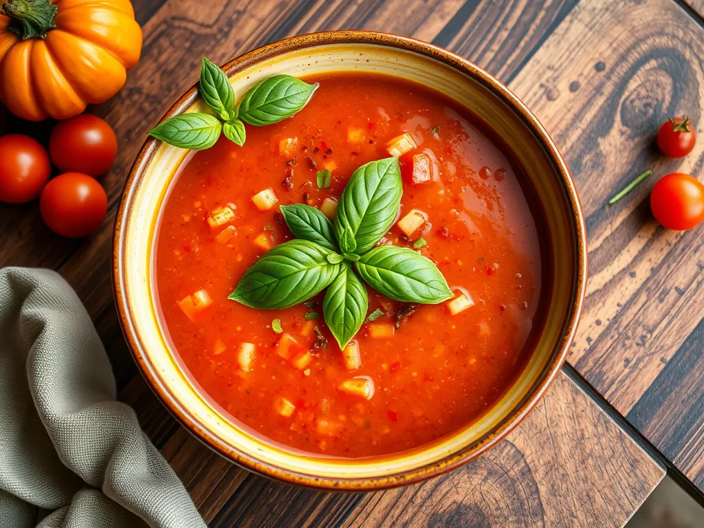 Bowl of Summer Gazpacho made with microwave-roasted tomatoes and garnished with fresh basil.