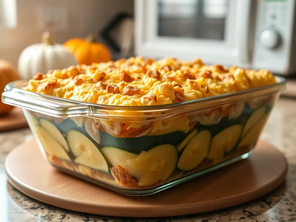 Delicious Summer Squash Casserole with Microwave Crunch topped with golden breadcrumbs.