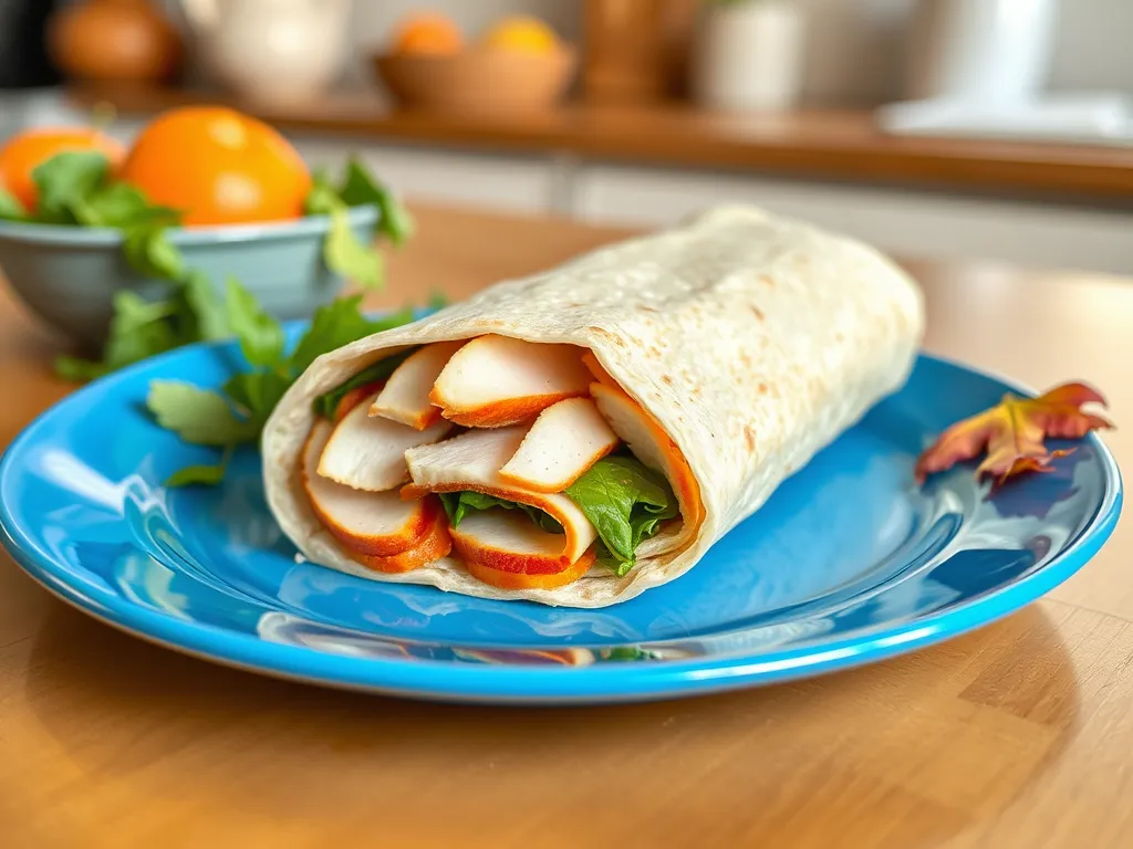 Delicious turkey wraps on a blue plate, perfect for summer meals.