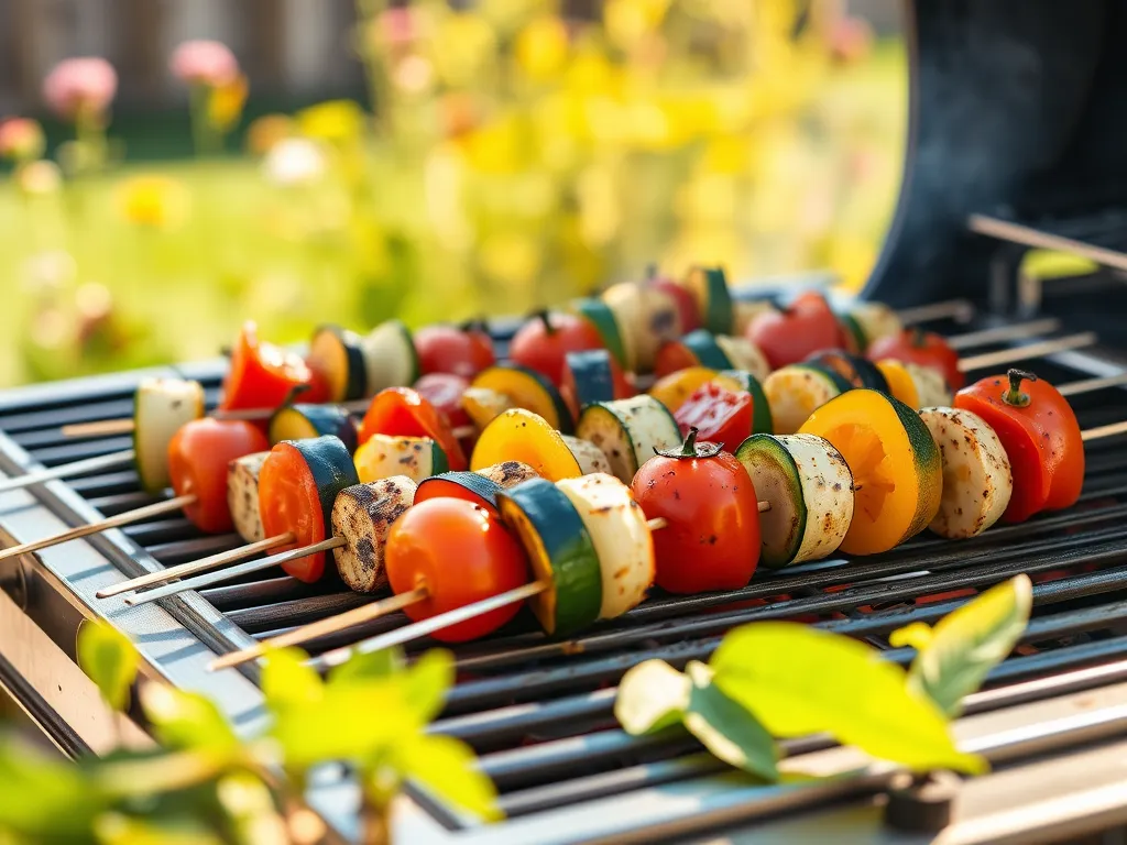 Colorful summer veggie skewers prepared in the microwave with tomatoes, zucchini, and bell peppers.