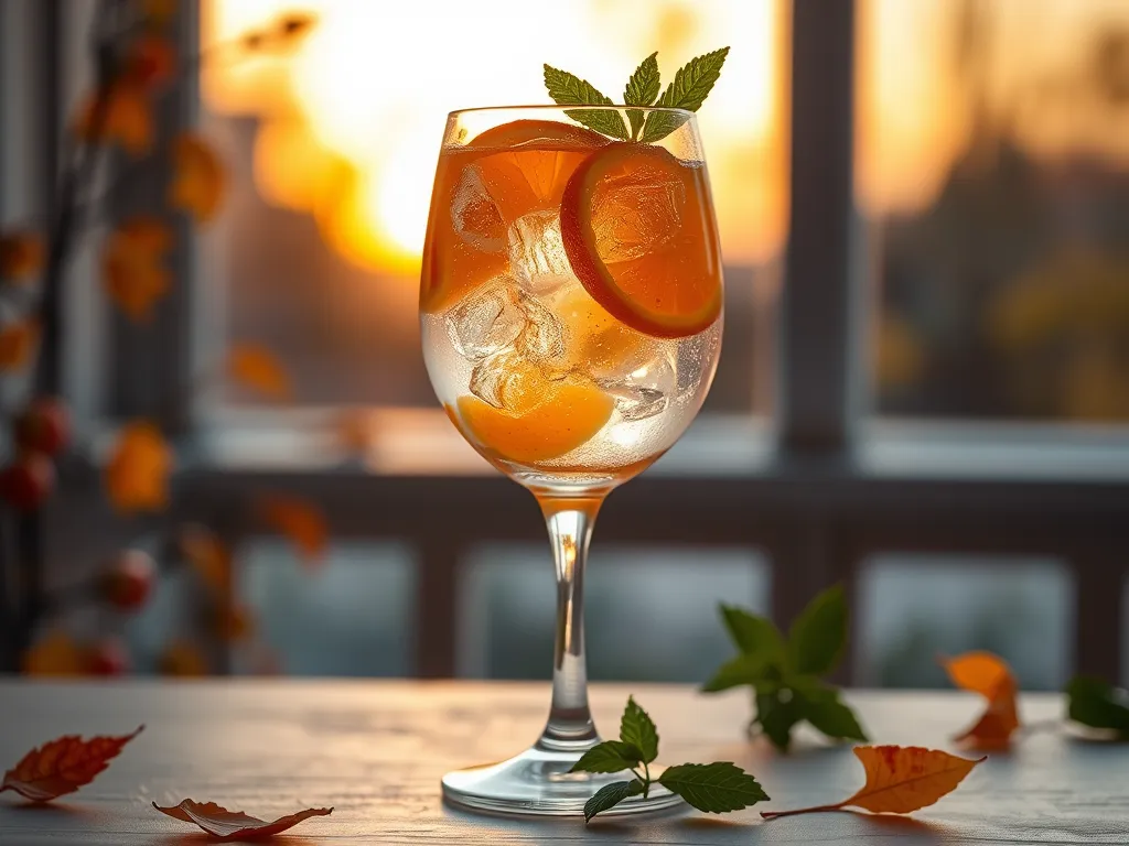 A refreshing Sunset Sangria Mocktail with oranges and mint against a sunset backdrop, perfect for a cooling drink.