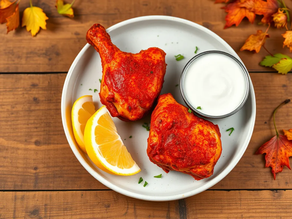 Delicious Tandoori Chicken cooked in the microwave served with lemon and yogurt sauce