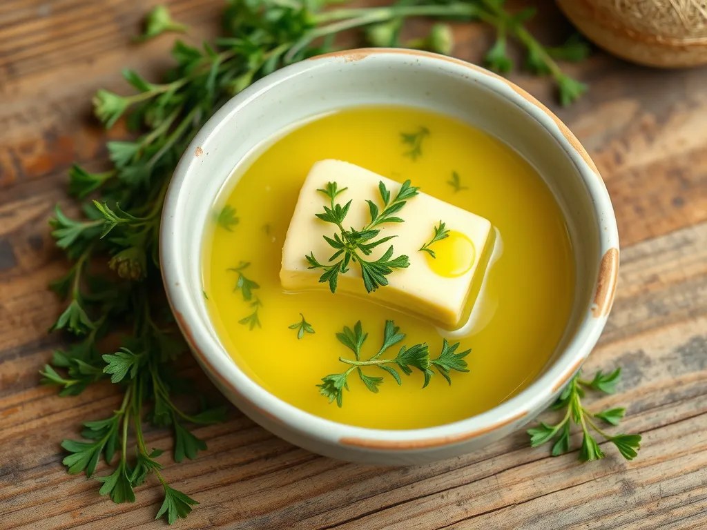 Bowl of thyme butter melted with spring herbs showing fresh parsley and butter.