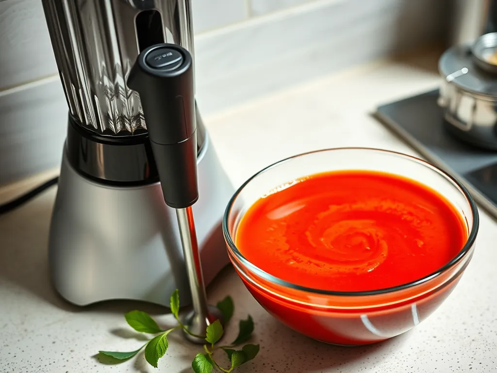 Bowl of Tomato Basil Soup next to a blender, perfect for quick microwave cooking.