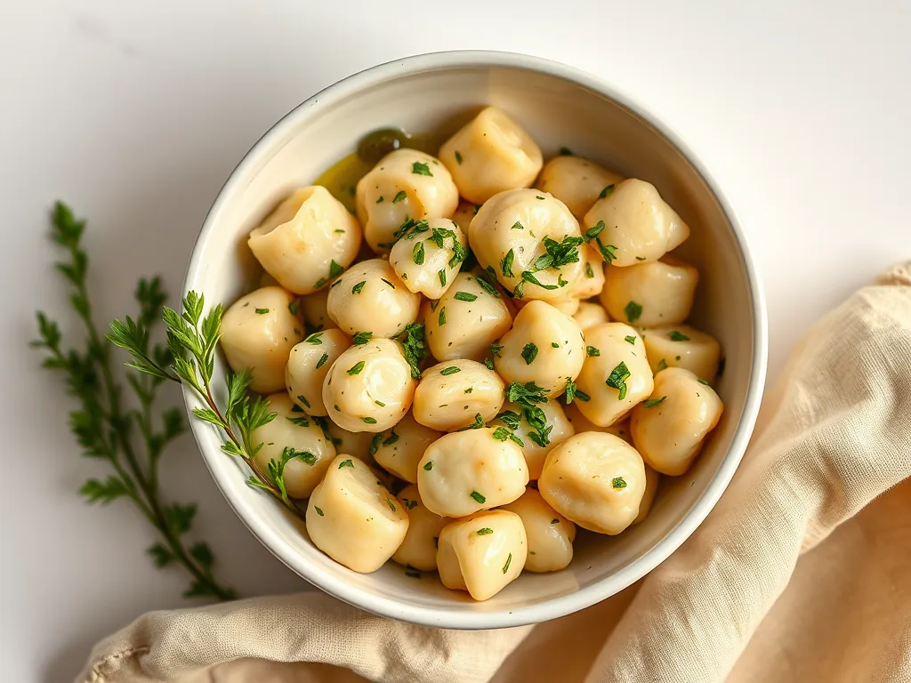 Bowl of Trader Joe’s microwave cauliflower gnocchi garnished with parsley