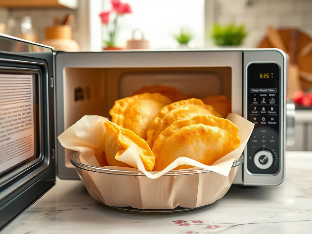 Microwave-ready frozen empanadas from Trader Joe's in a bowl inside a microwave.
