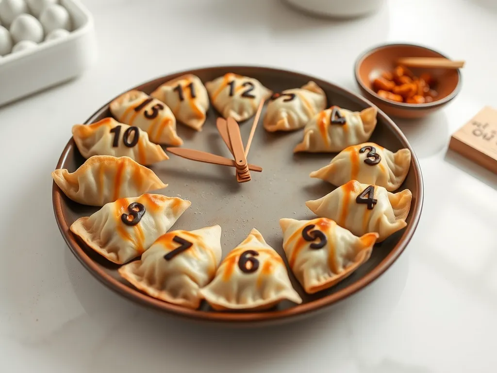 Tray of Trader Joe's Frozen Gyoza arranged like a clock, featuring microwave crispy dumplings.