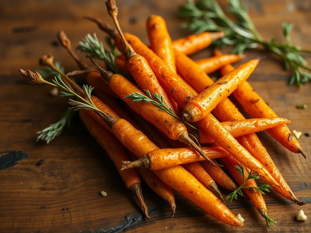 Delicious turmeric roasted carrots on a wooden surface, perfect for a spice roast recipe.