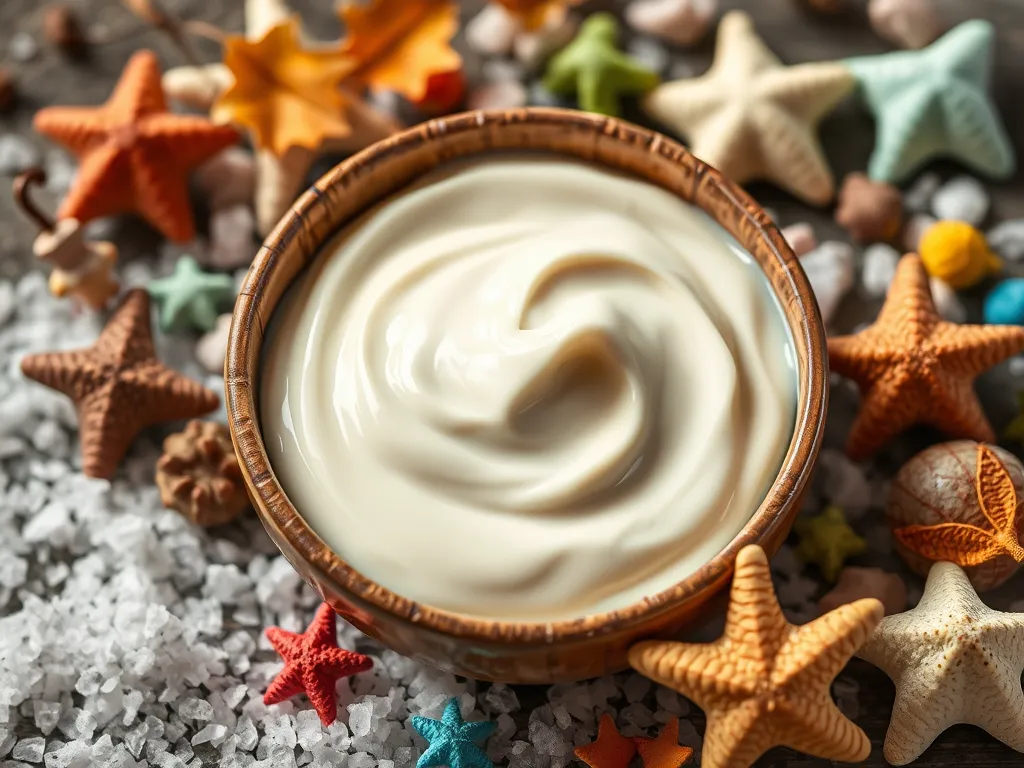 Creamy white chocolate in a bowl surrounded by beach-themed decorations for White Chocolate Bark.
