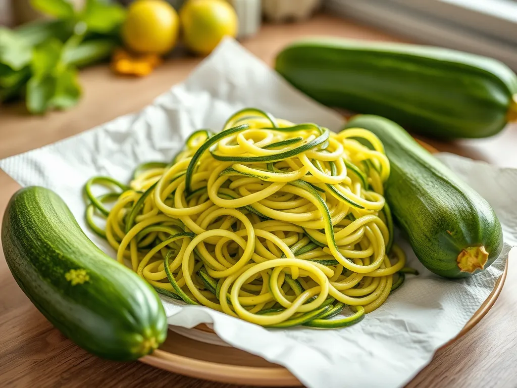 Fresh zucchini noodles piled high, ideal for a quick microwave dish.