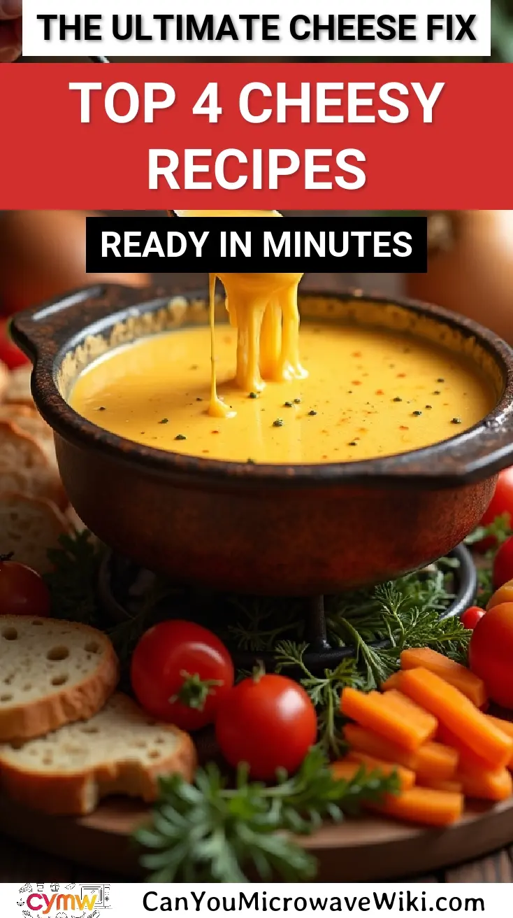 Delicious melted cheese dip with bread and vegetables for cheesy microwave recipes.