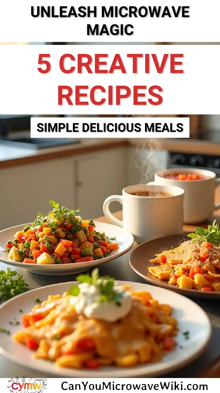 A table set with creative microwave recipes including colorful vegetables and delicious meals.