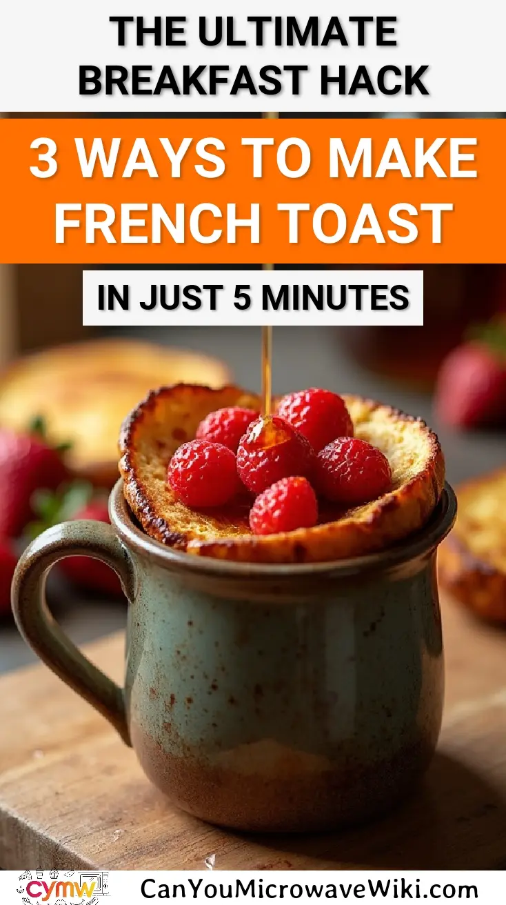 Delicious French toast made in a mug with syrup and strawberries, perfect for a quick breakfast.
