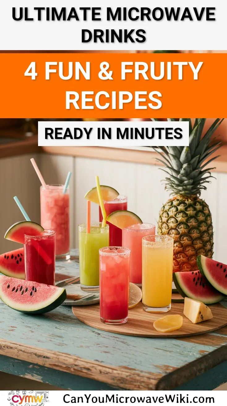 Colorful fruit drinks ready to be enjoyed, highlighting fun and fruity microwave recipes.