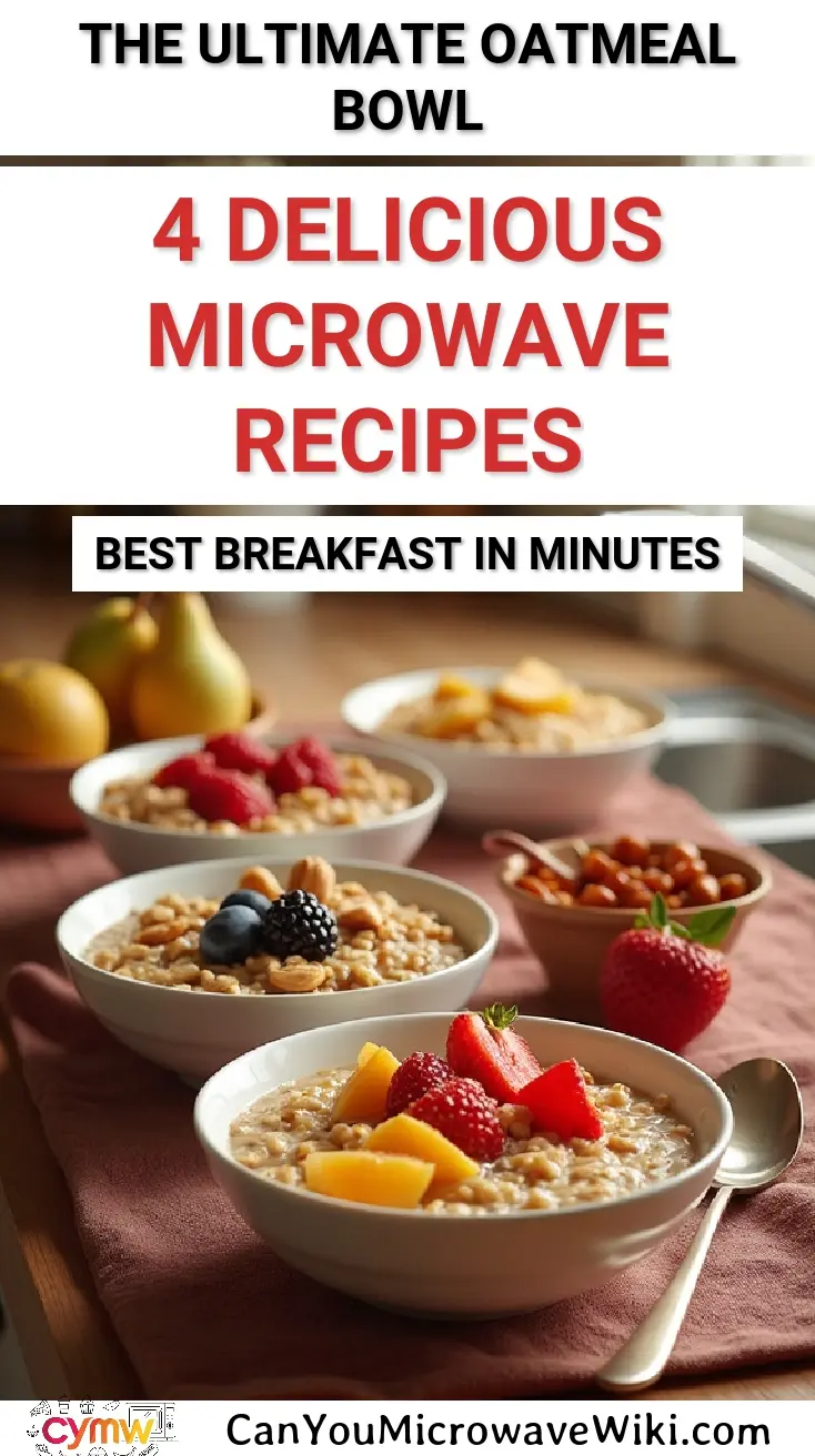 Four delicious microwave oatmeal recipes in bowls topped with fruits for a quick breakfast.