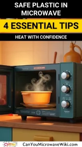 Microwave with safe plastic container steaming, illustrating tips for using plastic in the microwave.