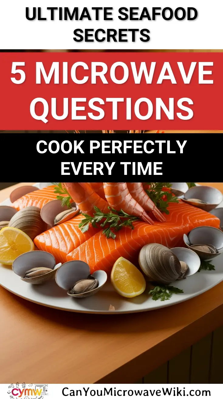 A plate of seafood showcasing salmon, clams, and shrimp with the title '5 Microwave Questions' highlighted.