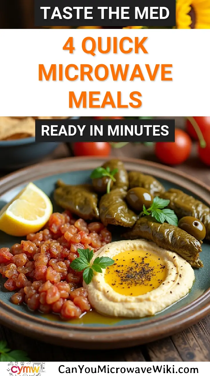Delicious spread of Mediterranean microwave meals featuring stuffed grape leaves, hummus, and fresh ingredients.